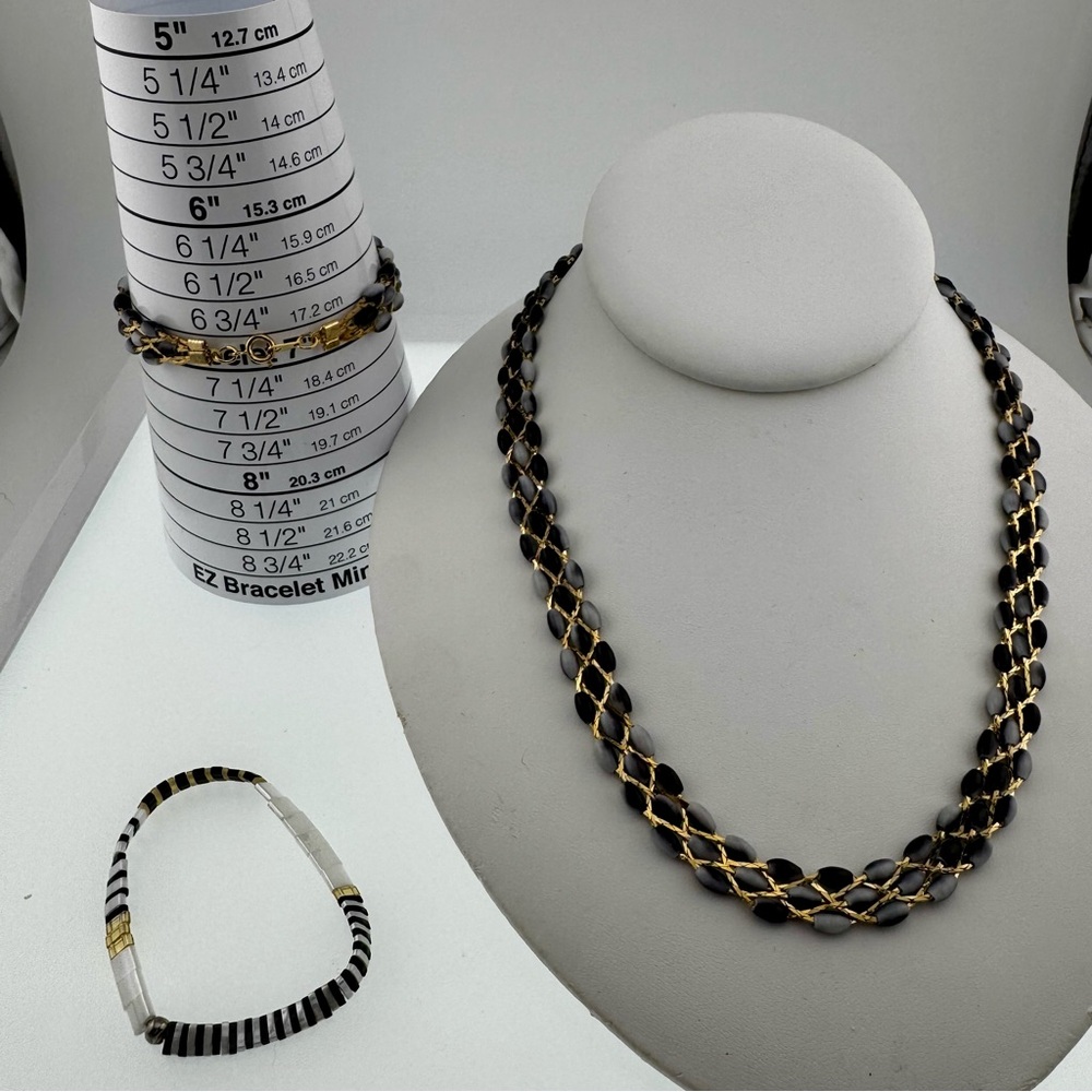 Glass Rice Pearls Elegant Black and Gold Necklace and Bracelet Set Fantastic